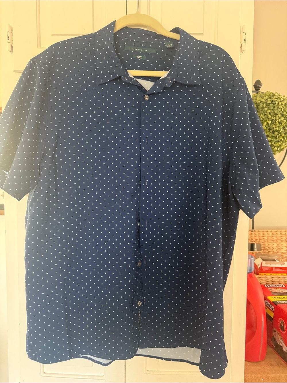 Perry Ellis Navy Blue Short-Sleeve Button-Up with White Dot Print